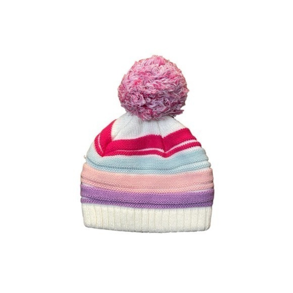 Wonder Nation White Pink Stripe Knit Beanie Pom Pom Hat Girls